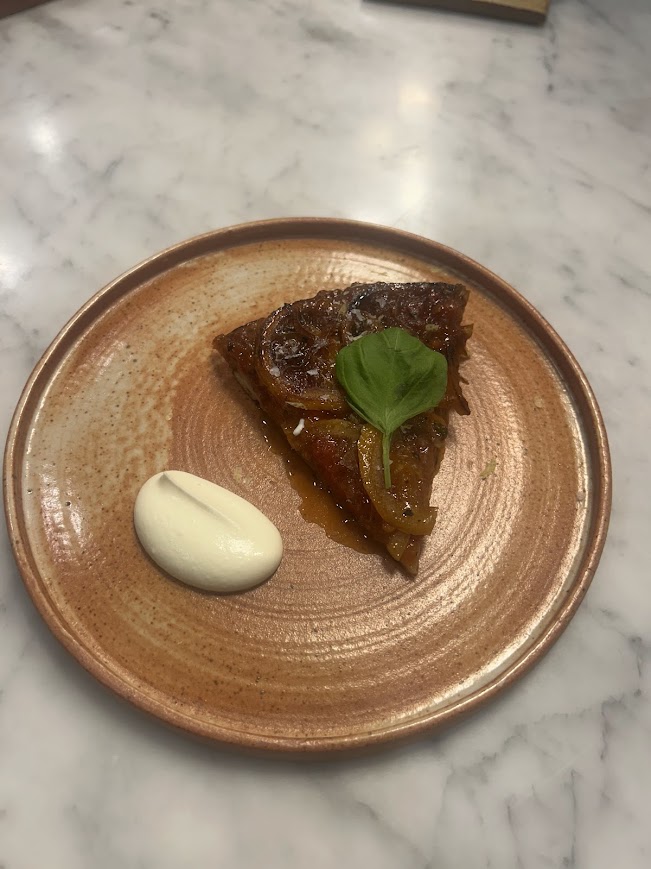 Tomato tarte tatin with blue cheese foam